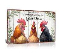FZFN Targa vintage in latta divertente con scritta "Live Like Someone Left Her Gate Open: A Colorful Rooster Trio Cel - Targa in metallo per bar e decorazione (30 x 40 cm)