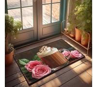 FZFN Zerbino decorativo da bar per la casa, deliziosa cioccolata calda con panna montata e rose, grande tappetino di benvenuto per esterni (40 x 60 cm)