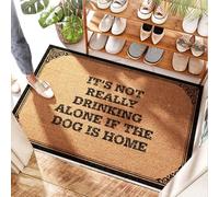 FZFN Zerbino rustico in memory foam, con scritta in lingua inglese "It's Not Really Drinking Alone If The Dog Is Home Under Bed", a quadretti, divertente zerbino per porta d'ingresso/iuta e inserti