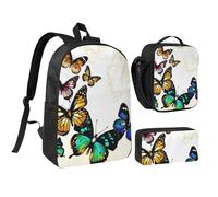 FZGGWYHL Bellissimo set di tre pezzi con stampa di farfalle, zaino, astuccio, borsa per il pranzo, Nero , Taglia unica, Zaino casual
