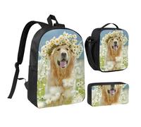 FZGGWYHL Golden Retriever Dog - Set di tre pezzi con zaino stampato, astuccio, borsa per il pranzo, Nero , Taglia unica, Zaino casual
