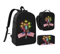 FZGGWYHL Independence Day - Zaino con stampa di fuochi d'artificio con bandiera americana, set da tre pezzi, zaino, astuccio, borsa per il pranzo, Nero , Taglia unica, Zaino casual
