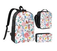 FZGGWYHL Romantico fantasia floreale uccelli farfalla stampato zaino tre pezzi set - zaino, astuccio, borsa pranzo, Nero , Taglia unica, Zaino casual