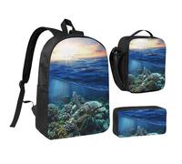 FZGGWYHL Sea Turtle Floating Up and Over Coral stampato zaino tre pezzi set - zaino, astuccio, borsa pranzo, Nero , Taglia unica, Zaino casual