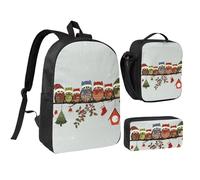 FZGGWYHL Set di tre pezzi con simpatico gufo natalizio stampato su ramo - zaino, astuccio, borsa per il pranzo, Nero , Taglia unica, Zaino casual