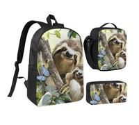 FZGGWYHL Set di tre pezzi con stampa della famiglia di bradipi - zaino, astuccio, borsa per il pranzo, Nero , Taglia unica, Zaino casual