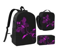 FZGGWYHL Set di tre pezzi con stampa di farfalle viola e nere: zaino, astuccio, borsa per il pranzo, Nero , Taglia unica, Zaino casual