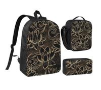 FZGGWYHL Set di tre pezzi con stampa di fiori di loto in oro, stile bohémien, con zaino, astuccio, borsa per il pranzo, Nero , Taglia unica, Zaino casual