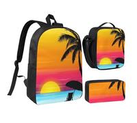 FZGGWYHL Set di tre pezzi con stampa di palme al tramonto, zaino, astuccio, borsa per il pranzo, Nero , Taglia unica, Zaino casual