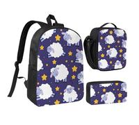 FZGGWYHL Set di tre pezzi con stampa di pecore: zaino, astuccio, borsa per il pranzo, Nero , Taglia unica, Zaino casual