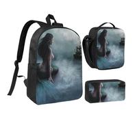 FZGGWYHL Set di tre pezzi con stampa di una nave pirata con sirena e vela sul mare, set da tre pezzi - zaino, astuccio, borsa per il pranzo, Nero , Taglia unica, Zaino casual
