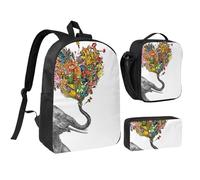 FZGGWYHL Set di tre pezzi con zaino a forma di elefante con fiore stampato a forma di cuore - zaino, astuccio, borsa per il pranzo, Nero , Taglia unica, Zaino casual