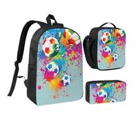 FZGGWYHL Set di tre pezzi con zaino colorato stampato a tema calcio, zaino, astuccio, borsa per il pranzo, Nero , Taglia unica, Zaino casual