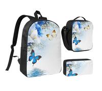 FZGGWYHL Set di tre pezzi con zaino con stampa di fiori e farfalle, zaino, astuccio, borsa per il pranzo, Nero , Taglia unica, Zaino casual