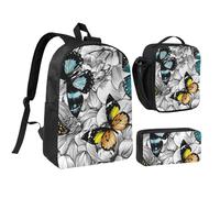 FZGGWYHL Set di tre pezzi con zaino con stampa floreale con farfalle viola, zaino, astuccio, borsa per il pranzo, Nero , Taglia unica, Zaino casual