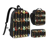 FZGGWYHL Set di tre pezzi con zaino stampato a forma di chitarra artistica - zaino, astuccio, borsa per il pranzo, Nero , Taglia unica, Zaino casual