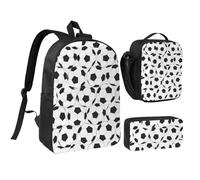 FZGGWYHL Set di tre pezzi con zaino stampato a forma di pallone da calcio bianco e nero - zaino, astuccio, borsa per il pranzo, Nero , Taglia unica, Zaino casual