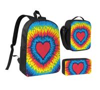 FZGGWYHL Set di tre pezzi con zaino stampato a tema arcobaleno con cuori colorati a nodi, zaino, astuccio, borsa per il pranzo, Nero , Taglia unica, Zaino casual