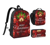 FZGGWYHL Set di tre pezzi con zaino stampato a tema palla di Natale con campanella dorata, zaino, astuccio, borsa per il pranzo, Nero , Taglia unica, Zaino casual