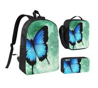 FZGGWYHL Set di tre pezzi con zaino stampato con farfalle blu - zaino, astuccio, borsa per il pranzo, Nero , Taglia unica, Zaino casual
