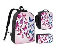 FZGGWYHL Set di tre pezzi con zaino stampato con farfalle colorate - zaino, astuccio, borsa per il pranzo, Nero , Taglia unica, Zaino casual