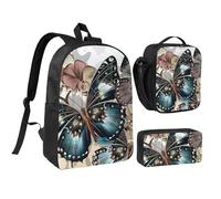 FZGGWYHL Set di tre pezzi con zaino stampato con farfalle e fiori - zaino, astuccio, borsa per il pranzo, Nero , Taglia unica, Zaino casual