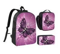 FZGGWYHL Set di tre pezzi con zaino stampato con farfalle, zaino, astuccio, borsa per il pranzo, Nero , Taglia unica, Zaino casual