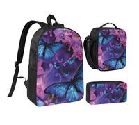 FZGGWYHL Set di tre pezzi con zaino stampato con farfalle, zaino, astuccio, borsa per il pranzo, Nero , Taglia unica, Zaino casual