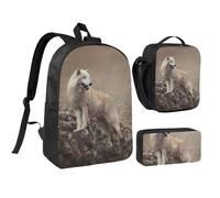 FZGGWYHL Set di tre pezzi con zaino stampato con lupo, zaino, astuccio, borsa per il pranzo, Nero , Taglia unica, Zaino casual