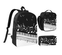 FZGGWYHL Set di tre pezzi con zaino stampato con tasti di pianoforte e note musicali, zaino, astuccio, borsa per il pranzo, Nero , Taglia unica, Zaino casual