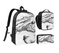 FZGGWYHL Set di tre pezzi con zaino stampato in marmo bianco e nero - zaino, astuccio, borsa per il pranzo, Nero , Taglia unica, Zaino casual