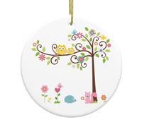 FZGGWYHL Simpatico ciondolo rotondo in ceramica da appendere all'albero di Natale con stampa di gufo e scoiattolo, in ceramica