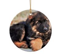 FZGGWYHL Simpatico cucciolo di pastore tedesco stampato in ceramica rotonda pendente albero di Natale appeso