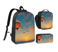 FZGGWYHL Zaino stampato con mongolfiera tramonto set di tre pezzi - zaino, astuccio, borsa per il pranzo, Nero , Taglia unica, Zaino casual