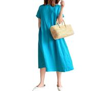 FZKun Abito in Lino E Cotone Stile Giapponese da Donna - Taglie Forti Colore Solido Girocollo Maniche Lunghe Abito Estivo Casual con Tasche vestibilità Ampia Vestiti Midi Basic (XL,Blu)