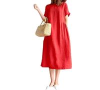 FZKun Abito in Lino E Cotone Stile Giapponese da Donna - Taglie Forti Colore Solido Girocollo Maniche Lunghe Abito Estivo Casual con Tasche vestibilità Ampia Vestiti Midi Basic (XL,Rosso)