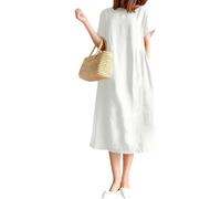 FZKun Abito in Lino E Cotone Stile Giapponese da Donna - Taglie Forti Colore Solido Girocollo Maniche Lunghe Abito Estivo Casual con Tasche vestibilità Ampia Vestiti Midi Basic (4XL,Bianco)