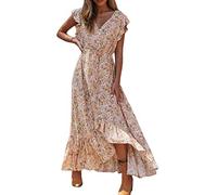 FZKun Abito in maglia con scollo a V, stile bohémien, casual, con maniche a pipistrello, con laccetto in vita, abito midi da donna, abito estivo casual, abito da cocktail vintage, F Albicocca, XL