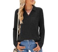 FZKun Polo da donna a maniche lunghe con scollo a V e colletto ampio, casual, da lavoro, in morbida maglia, con tasca, Nero , M
