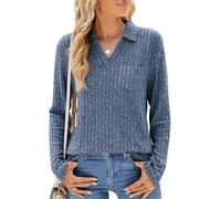 FZKun Polo da donna a maniche lunghe con scollo a V e colletto ampio, casual, da lavoro, in morbida maglia, con tasca, Blu, S