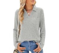 FZKun Polo da donna a maniche lunghe con scollo a V e colletto ampio, casual, da lavoro, in morbida maglia, con tasca, Grigio chiaro, XL