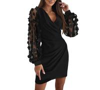 FZKun Vestito Elegante Tubino Abito da tè da Donna a Maniche Lunghe con Scollo a V e Abiti da Cocktail Party con Cintura Vestiti Invernali Eleganti (S,Nero)
