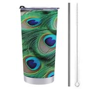 FZMTLDS Bicchiere con piuma di pavone verde, da 590 ml, in acciaio inox, con manico, a prova di perdite, grande capacità, tazza da viaggio, tazza da caffè isolata, regalo per donne e uomini