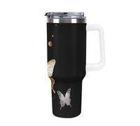 FZMTLDS Bicchiere da viaggio con farfalle bianche e oro, 1,18 l, a prova di perdite, grande capacità, in acciaio inox, con manico, tazza da caffè isolata, regalo per donne e uomini, bianco