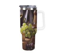 FZMTLDS Bicchiere per vino bianco con torta di formaggio e uva, 1,18 l, a prova di perdite, grande capacità, in acciaio inox, con manico, tazza da caffè isolata, tazza da viaggio, regalo per donne e