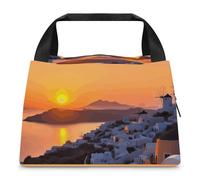FZMTLDS Borsa per il pranzo Grecia Island Tramonto Paesaggio Lunch Box per le donne Borsa termica per il pranzo Grande Capacità Lunchbox Lunch Cooler Bag