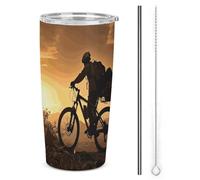 FZMTLDS Mountain Bike in the Evening Tumbler a prova di perdite Tazza per auto di grande capacità Bottiglie d'acqua in acciaio inossidabile con manico Tazza da caffè isolata Tazza da viaggio Regali