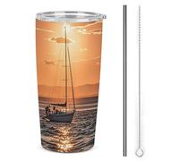 FZMTLDS Sunset Seascape Barca a vela Tumbler galleggiante a prova di perdite Tazza per auto di grande capacità Bottiglie d'acqua in acciaio inossidabile con manico Tazza da caffè isolata Tazza da
