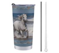 FZMTLDS White Horse Running on The Sea Tumbler 590 ml Bottiglie d'acqua in acciaio inox con manico a prova di perdite Grande capacità Tazza da viaggio Tazza da caffè isolata Regali per donne uomini