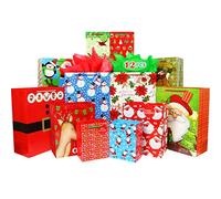 Fzopo Set di sacchetti regalo di Natale, include 4 sacchetti regalo extra large, 4 grandi, 4 medi con manici, stampa natalizia, dimensioni assortite, per incartare regali di festa (confezione varietà)